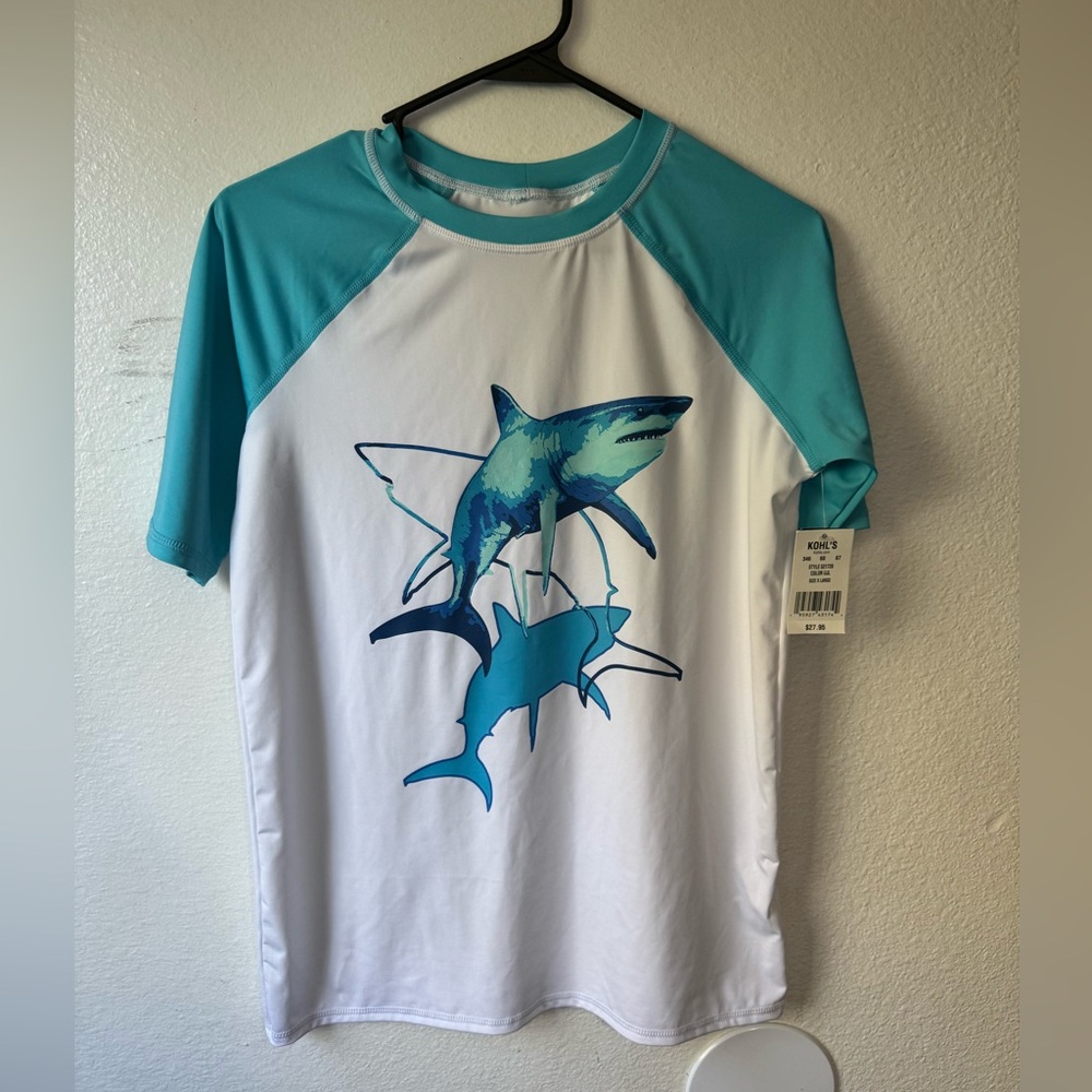Lands' End Kids Shark Graphic Raglan Tee - Teal & White